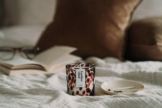 Leather + Oud Scented Candle in Patterned Hand-blown Vessel