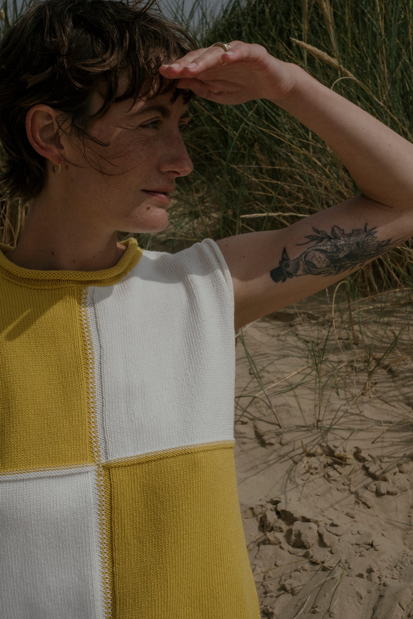 Organic Cotton Quadrant Vest in Lemon / Chalk