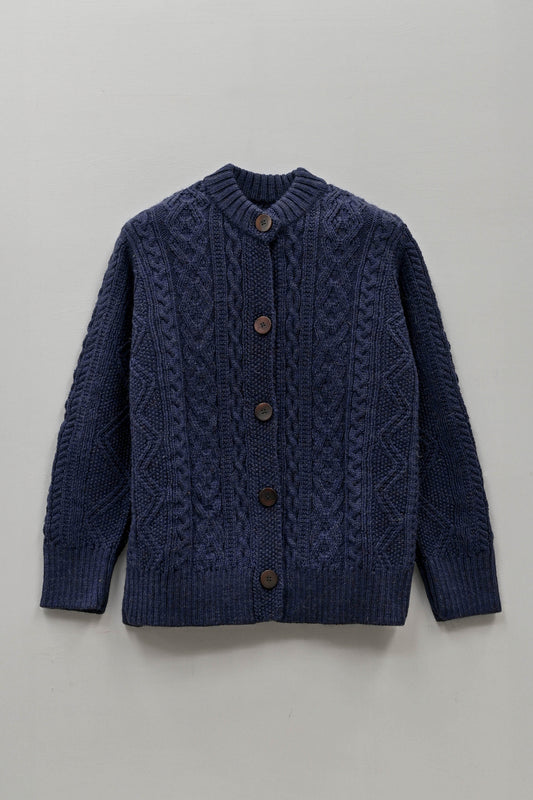 The Freyja British Wool Cable Cardigan in Navy