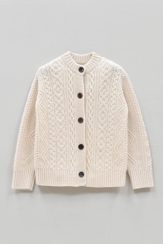 The Freyja British Wool Cable Cardigan in Ecru