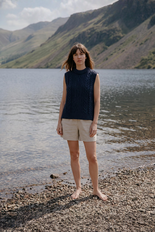 The Freyja British Wool Cable Vest in Navy