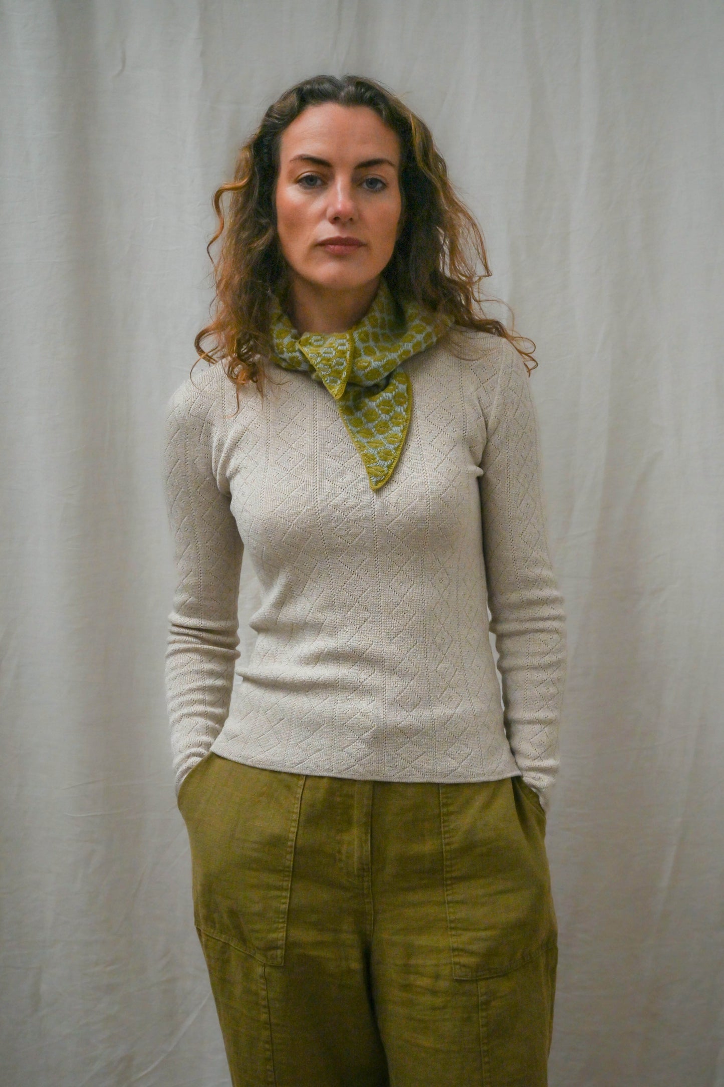 The Orton Weave Triangle Scarf in Olive/Haar- Sample