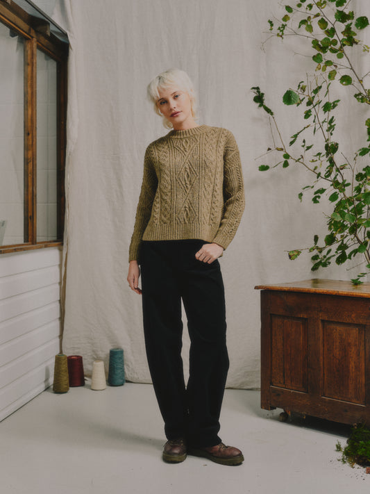 The Freyja British Wool Cable Sweater in Bronze Olive