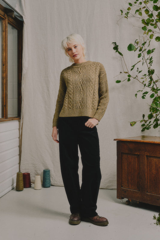 The Freyja British Wool Cable Sweater in Bronze Olive