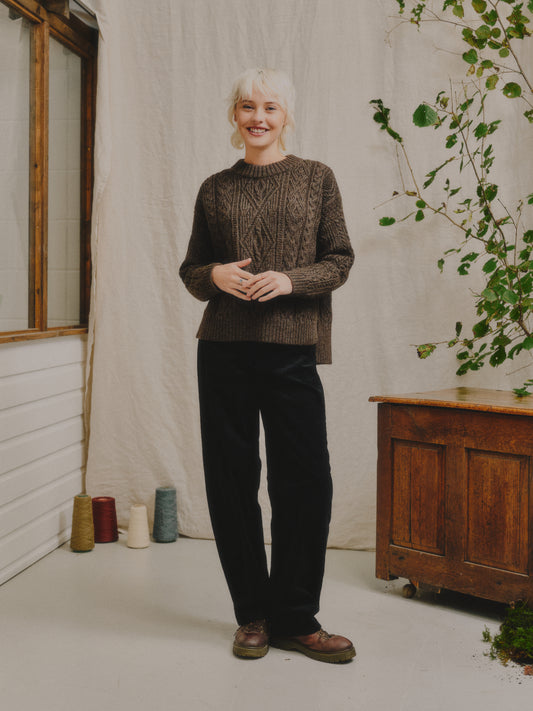 The Freyja British Wool Cable Sweater in Peat