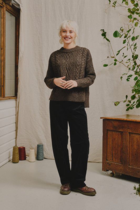 The Freyja British Wool Cable Sweater in Peat