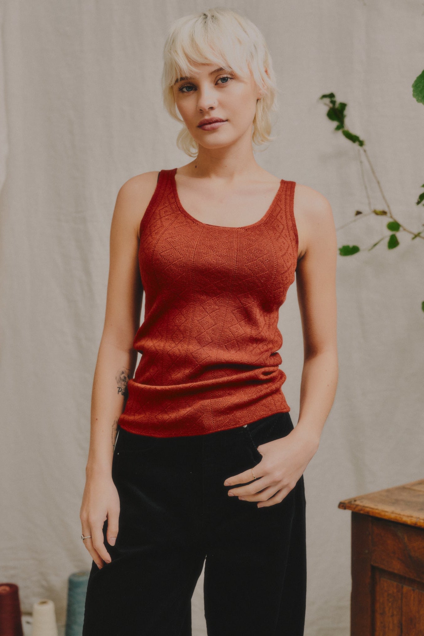 'Tricot de Peau' Fine Merino Camisole Top in Henna