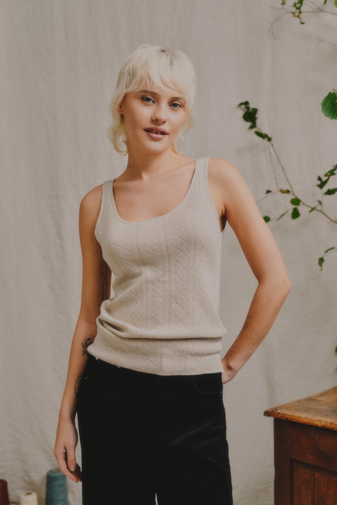 'Tricot de Peau' Fine Merino Camisole Top in Light Oatmeal