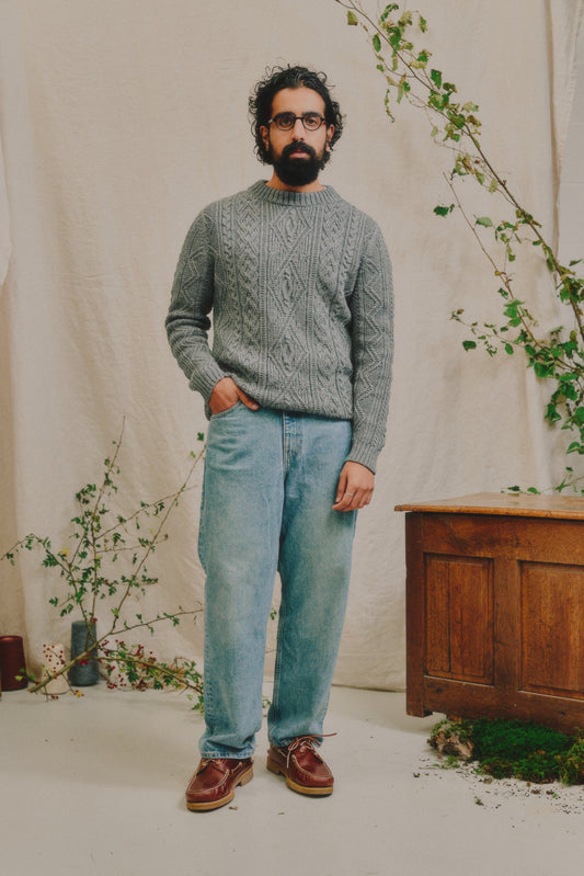 The Lugh British Wool Cable Sweater in Slate Blue
