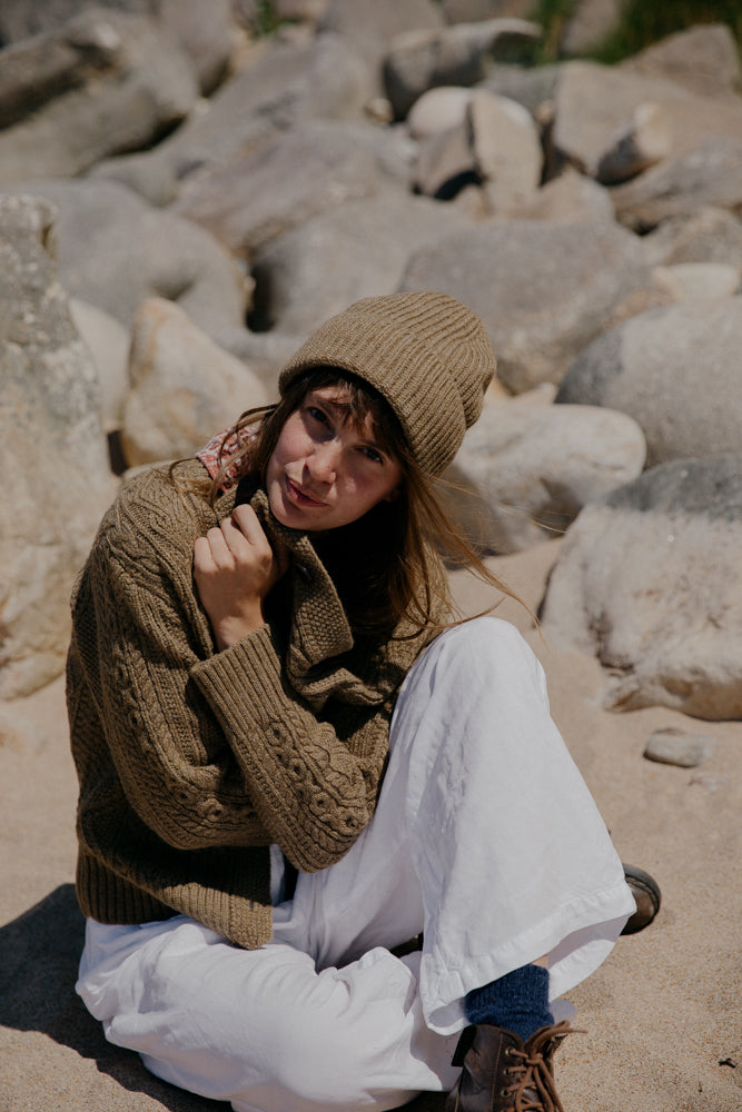 The Freyja British Wool Cable Cardigan in Bronze Olive