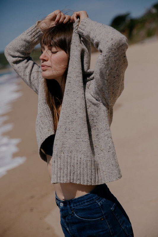The Kent Donegal Merino Wool Short Cardigan in Stone