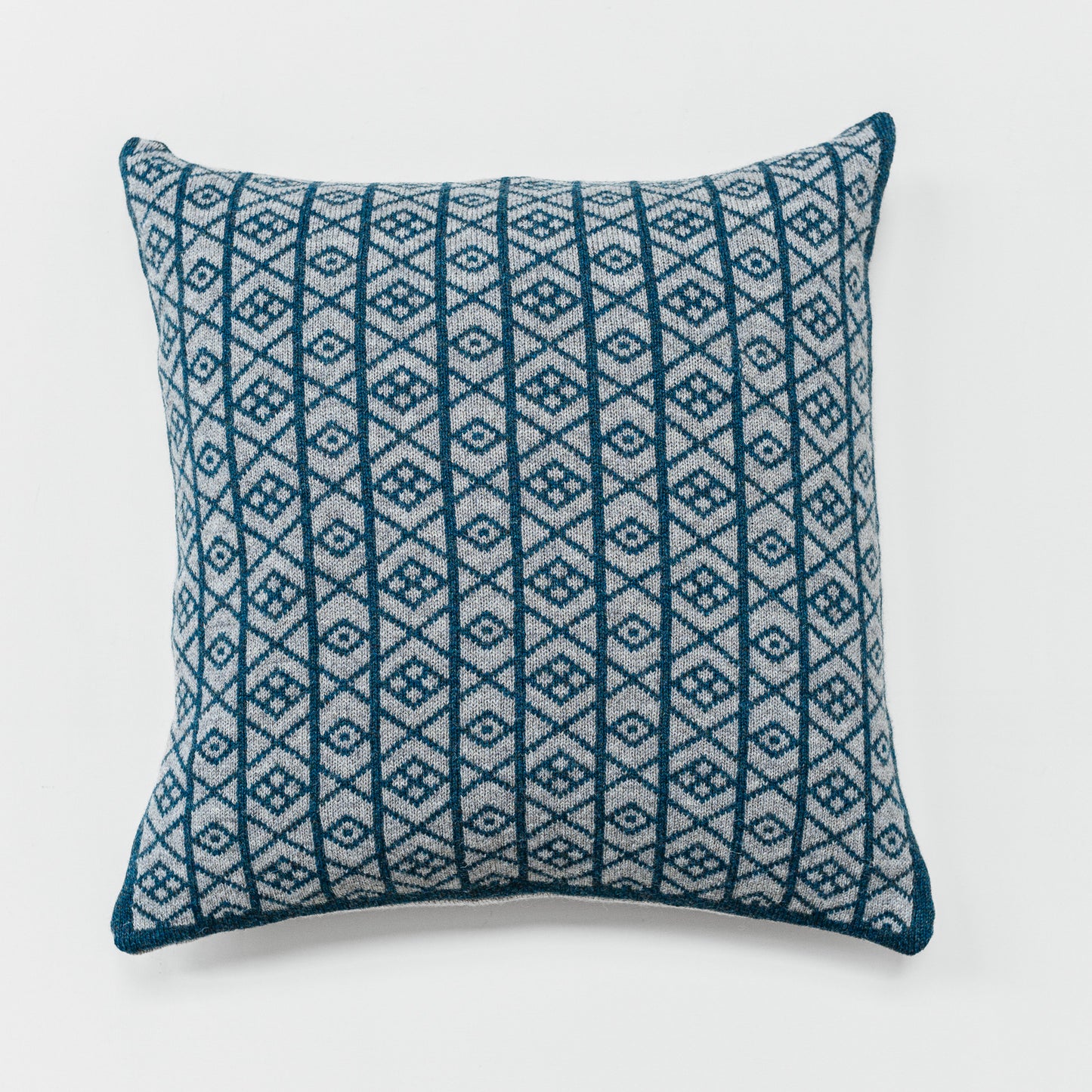 The Ruskin British Wool Jacquard Cushion in Kingfisher Blue/ Grey