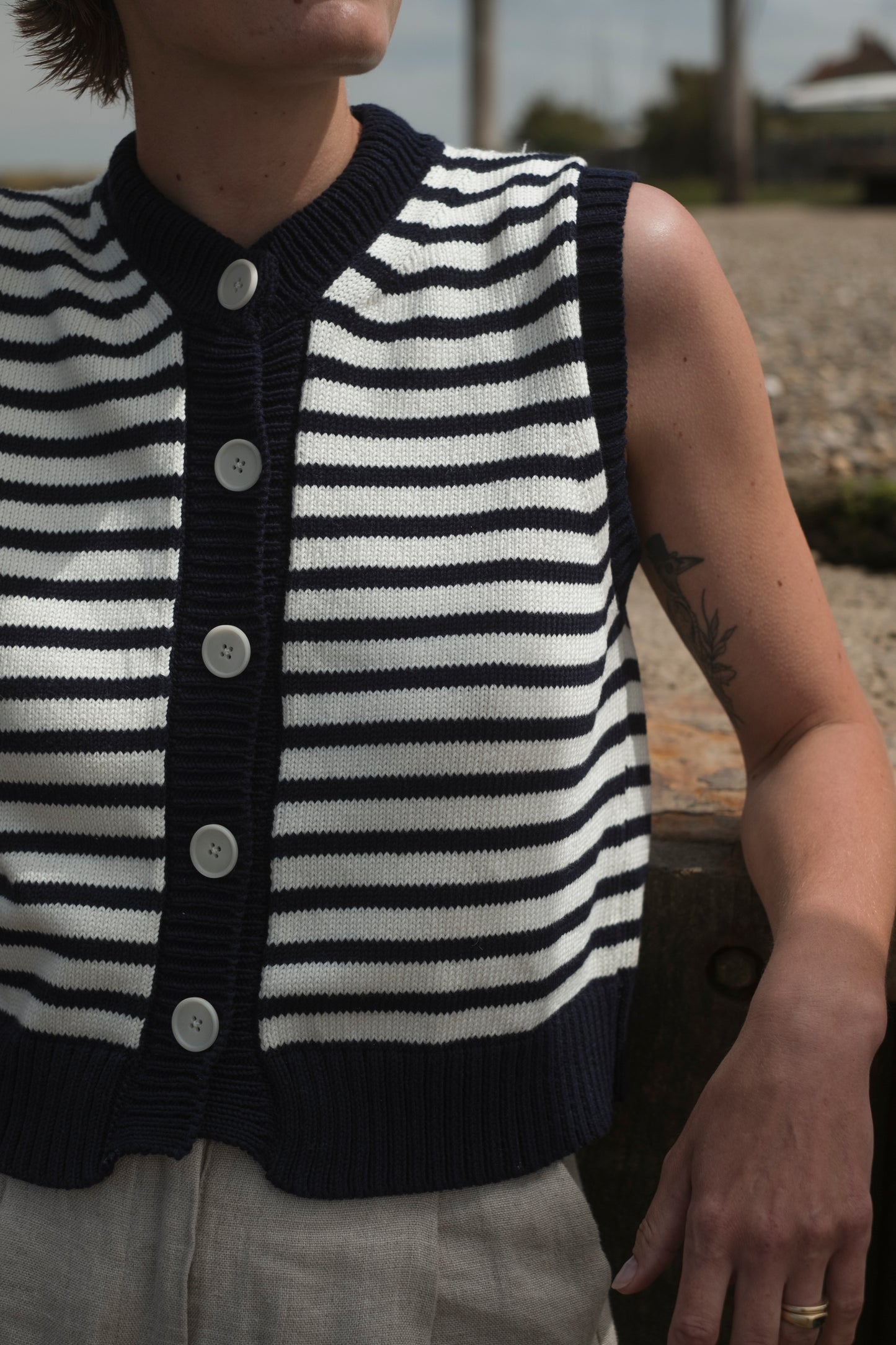 The Morvan Organic Cotton Waistcoat in French Navy / Chalk