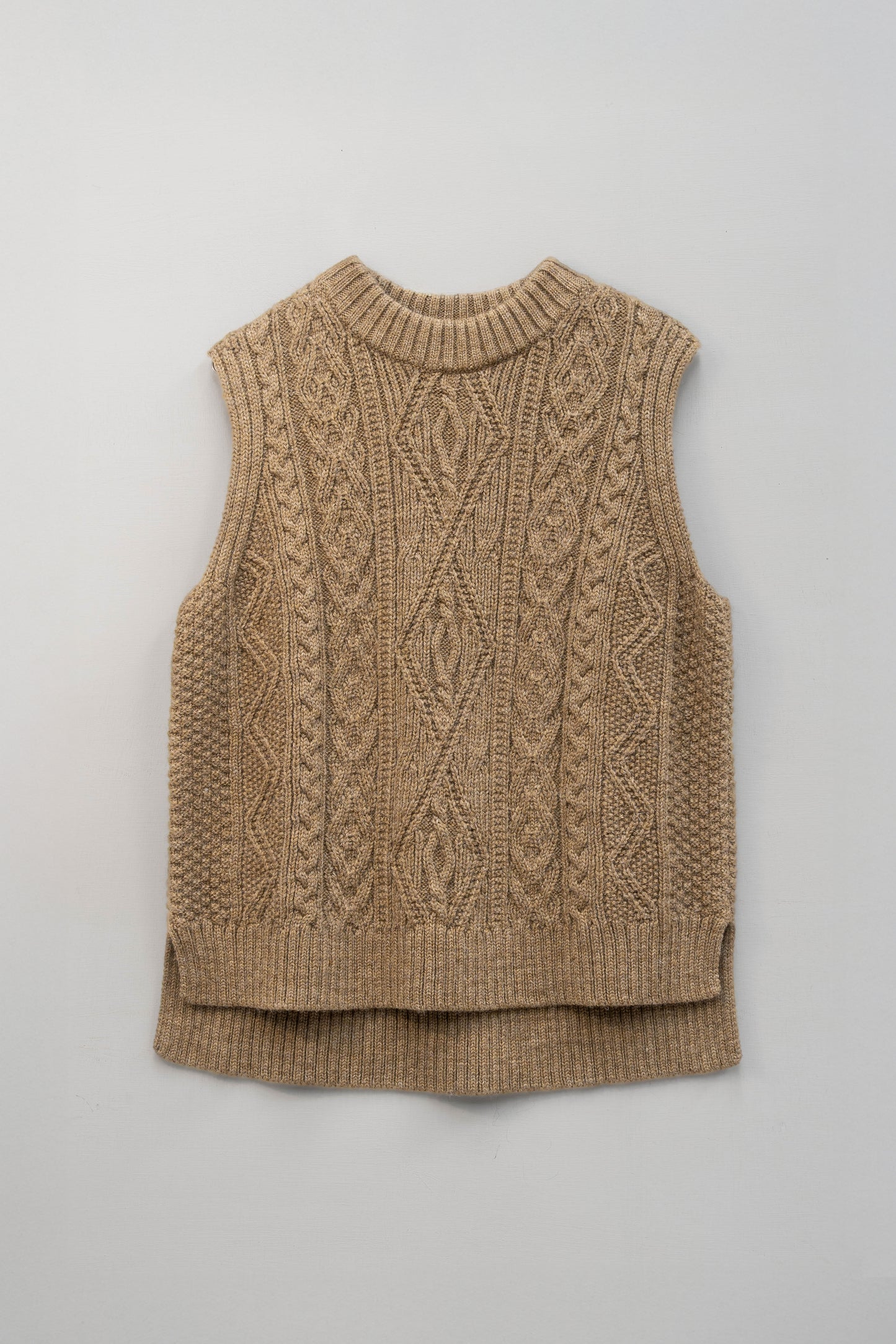 The Freyja British Wool Cable Vest in Bronze Olive