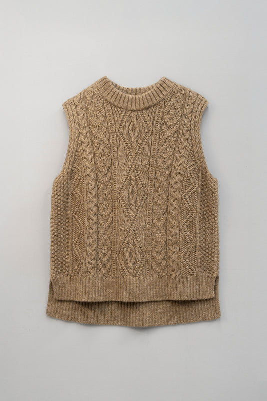 The Freyja British Wool Cable Vest in Bronze Olive