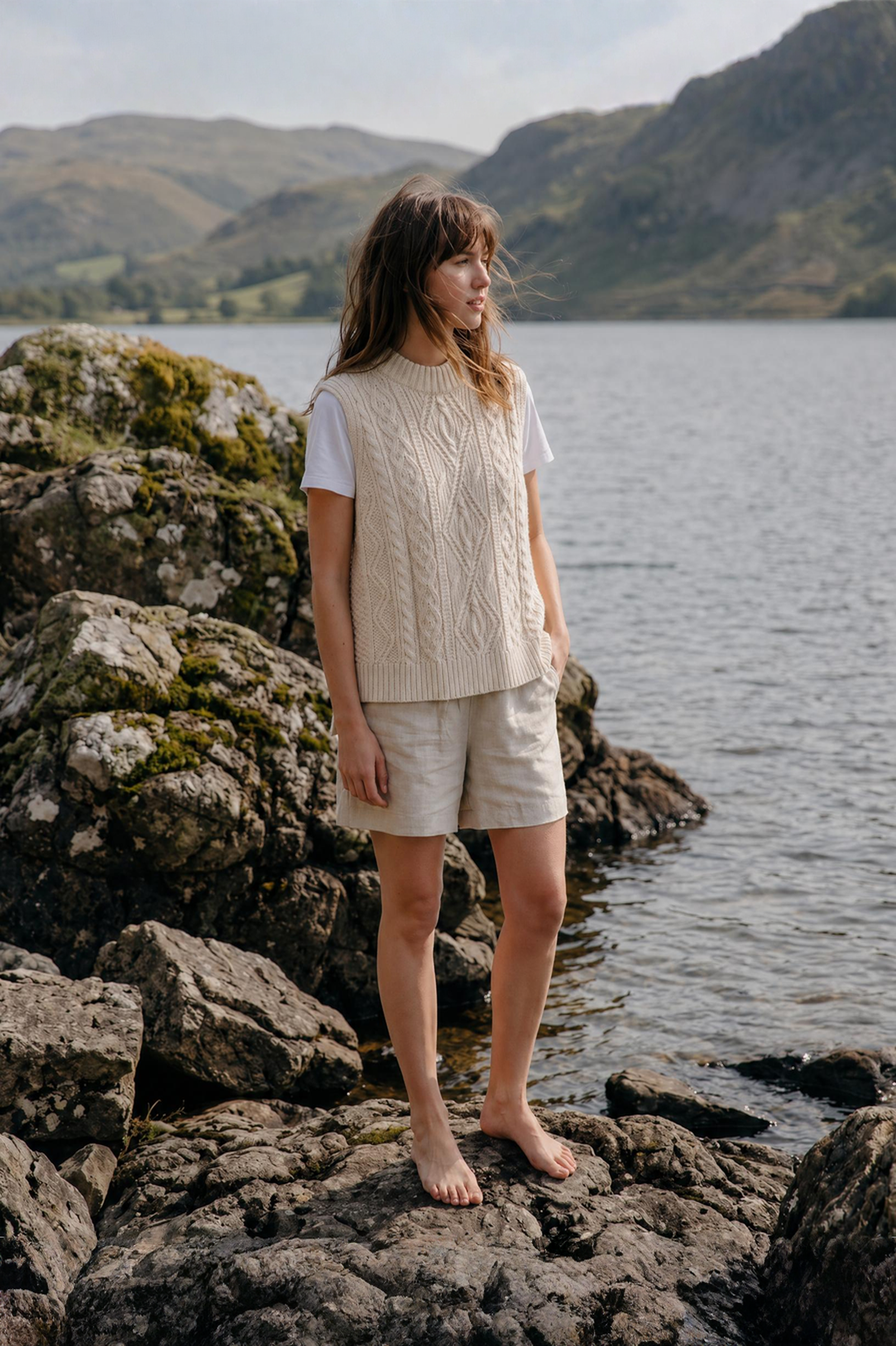 The Freyja British Wool Cable Vest in Ecru