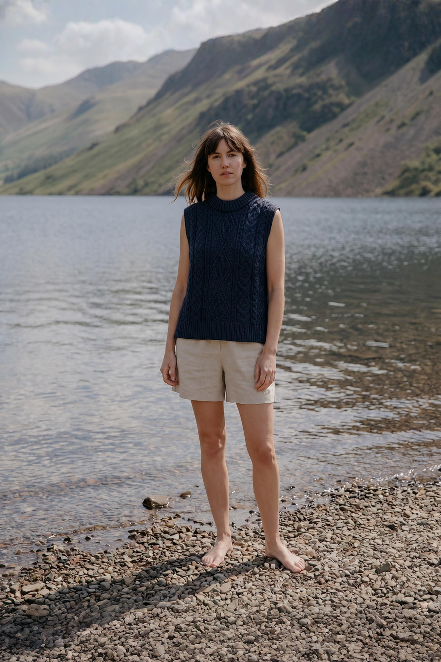 The Freyja British Wool Cable Vest in Navy