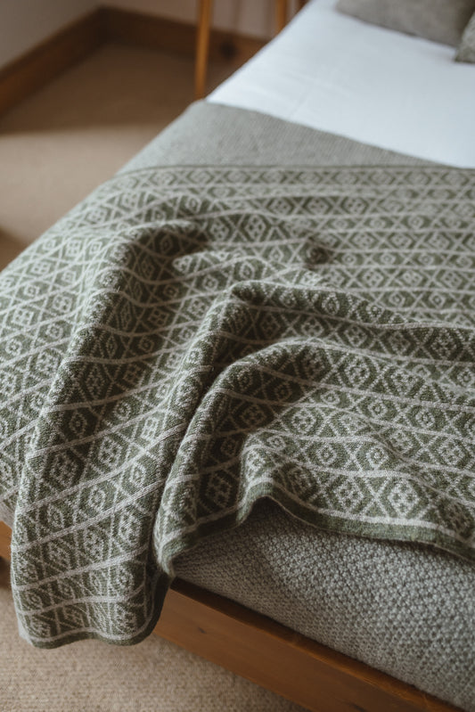 The Ruskin British Wool Jacquard Blanket in Sage Green / Grey