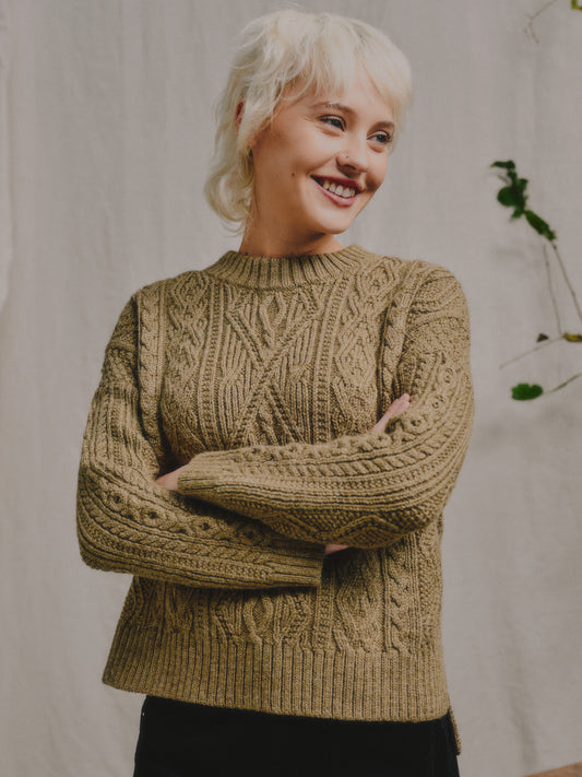 The Freyja British Wool Cable Sweater in Bronze Olive