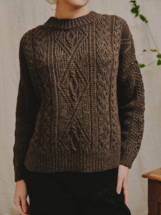 The Freyja British Wool Cable Sweater in Peat
