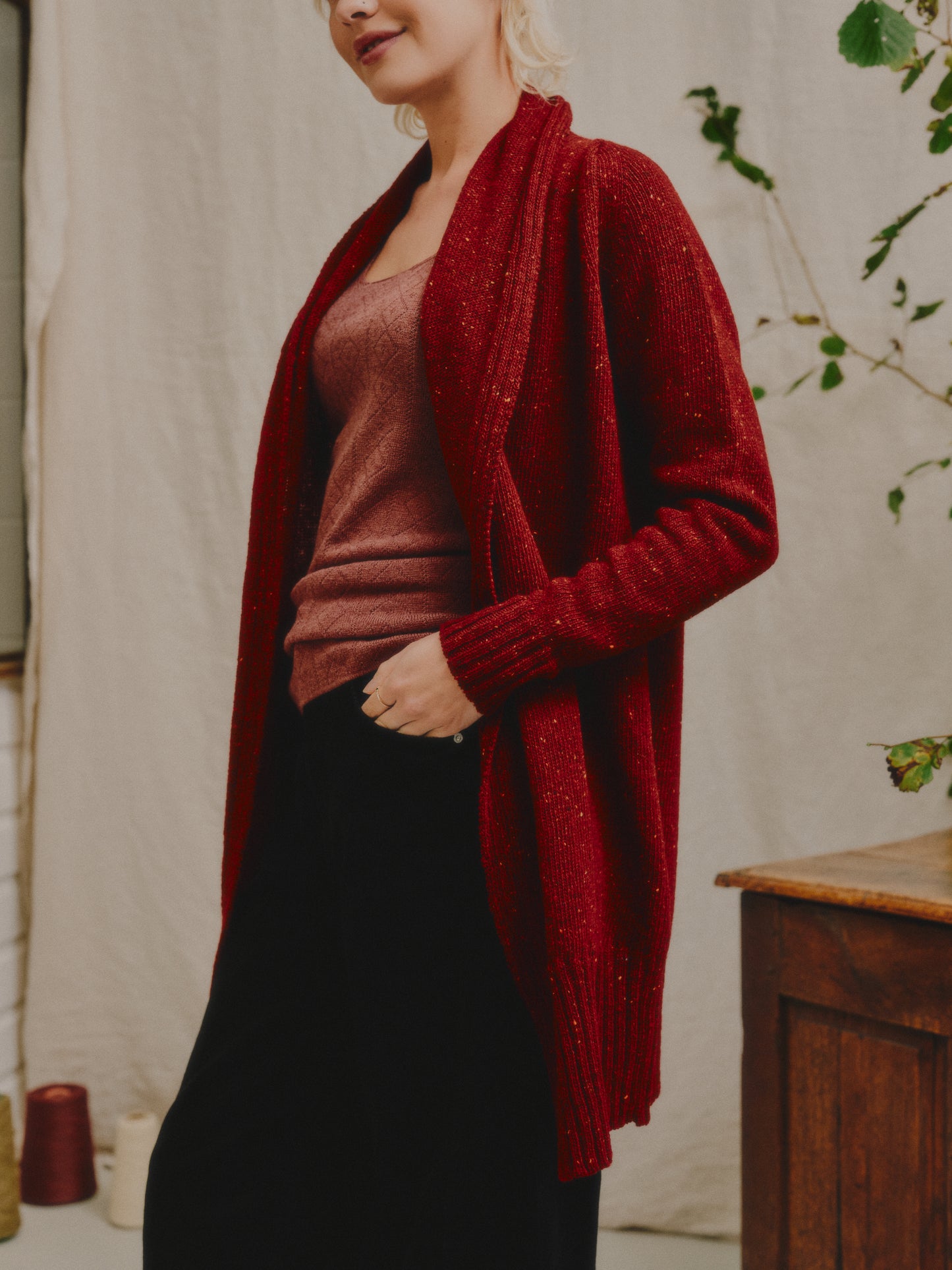 The Kent Donegal Merino Wool Cardigan in Brick Red