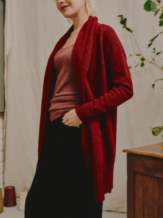 The Kent Donegal Merino Wool Cardigan in Brick Red