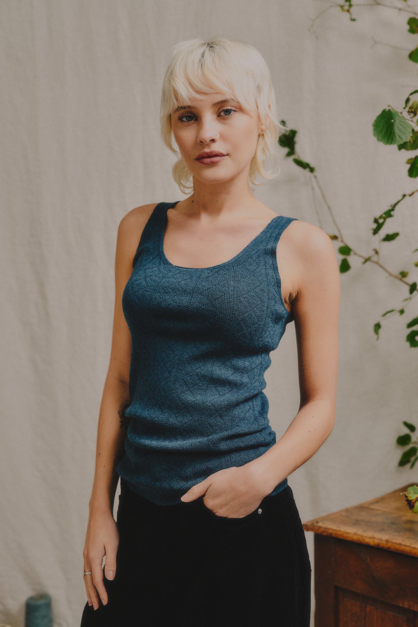 'Tricot de Peau' Fine Merino Camisole Top in Indigo Blue