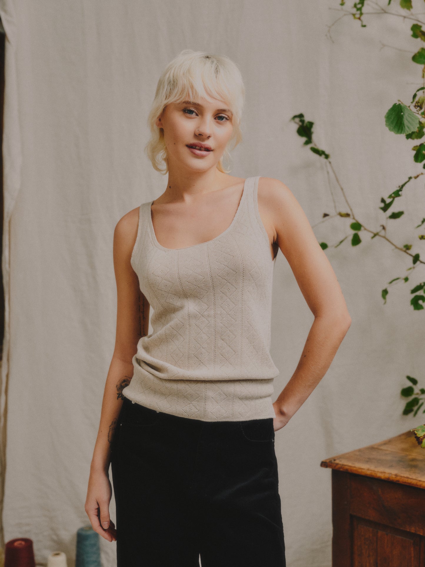 'Tricot de Peau' Fine Merino Camisole Top in Light Oatmeal