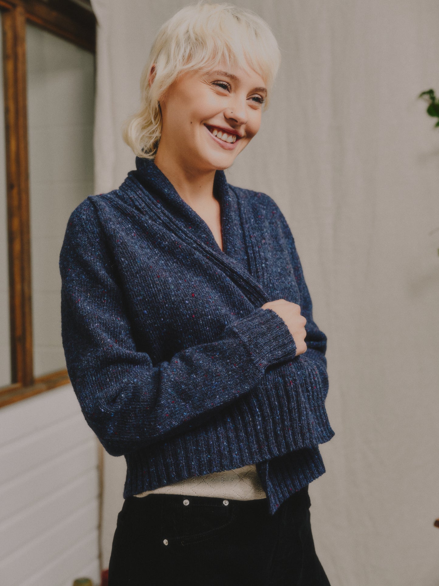 The Kent Donegal Merino Wool Short Cardigan in Ink