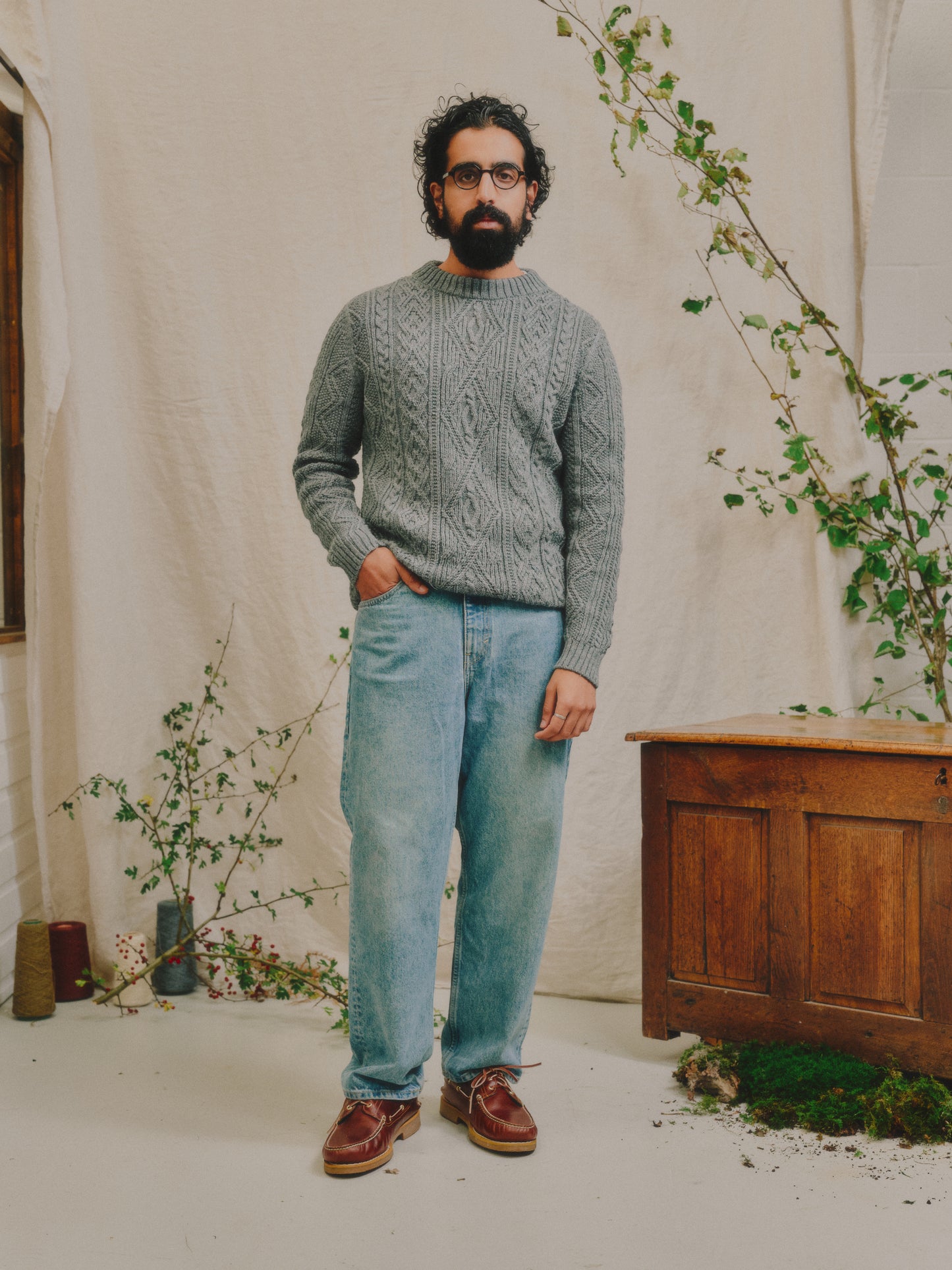 The Lugh British Wool Cable Sweater in Slate Blue