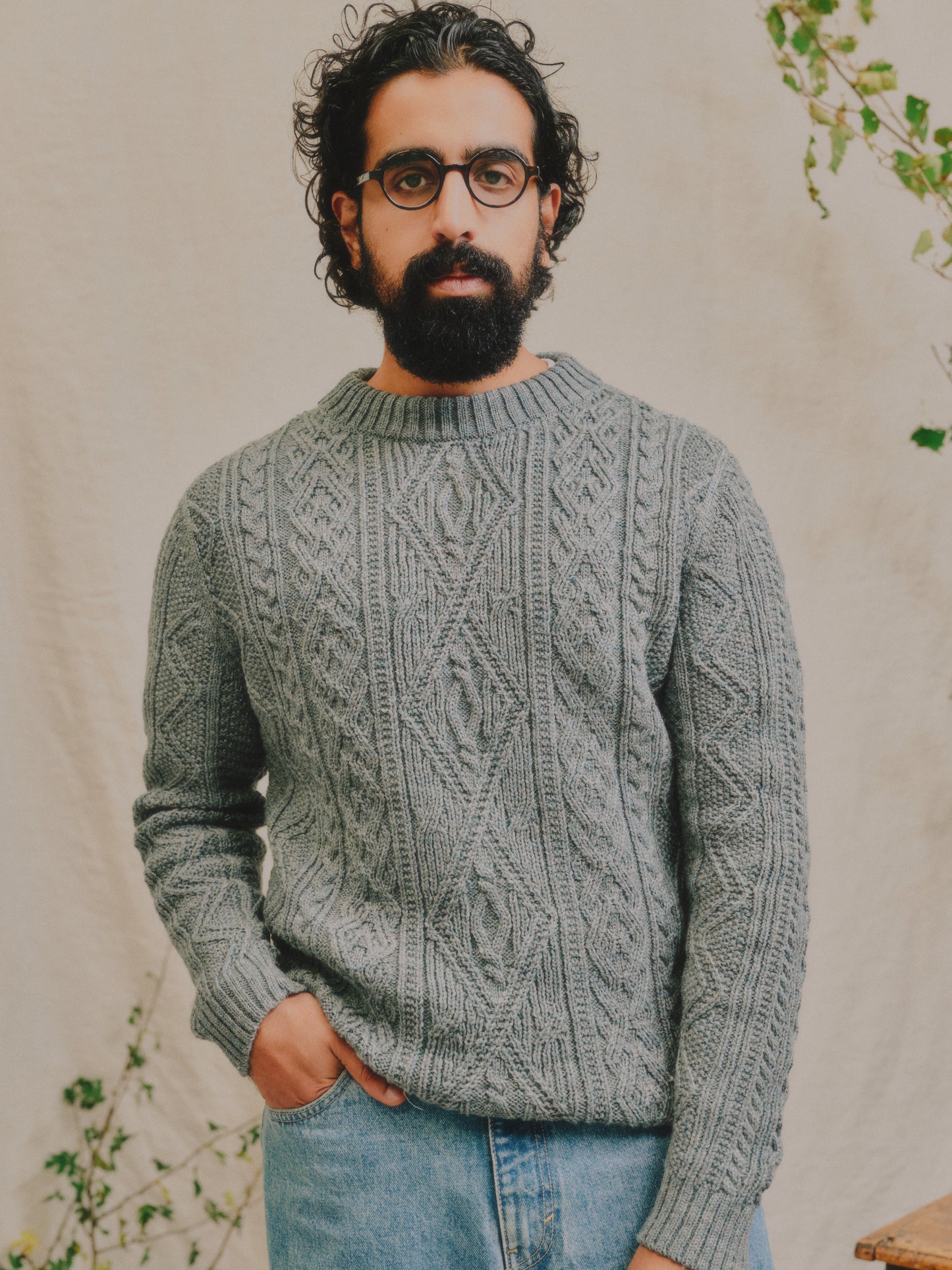 The Lugh British Wool Cable Sweater in Slate Blue