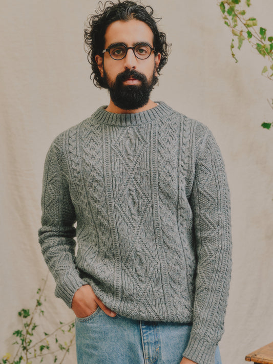 The Lugh British Wool Cable Sweater in Slate Blue