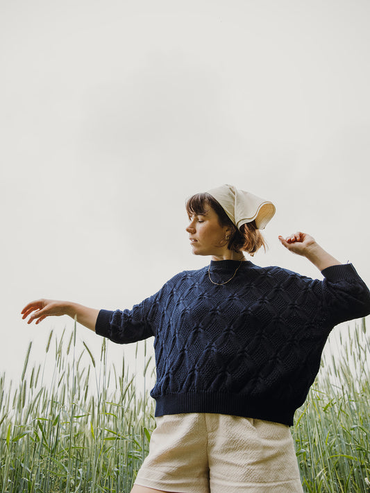 Organic Cotton Cable Sweater in French Navy