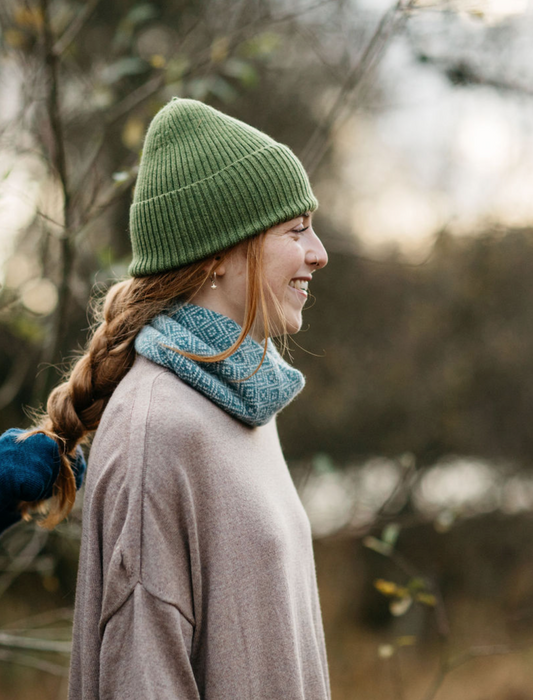 The Nora Lambswool Headwrap/Cowl in Soft Aqua/Linen