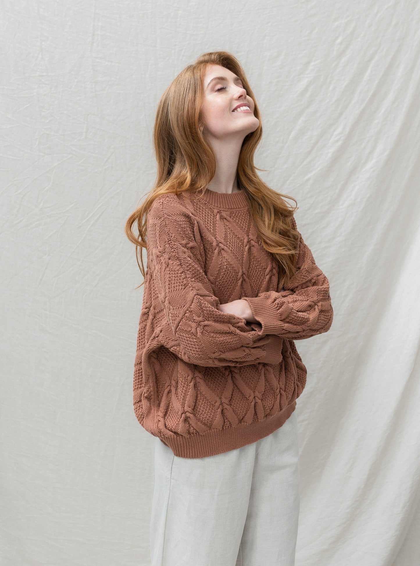 Organic Cotton Cable Sweater in Rosewood Apricot