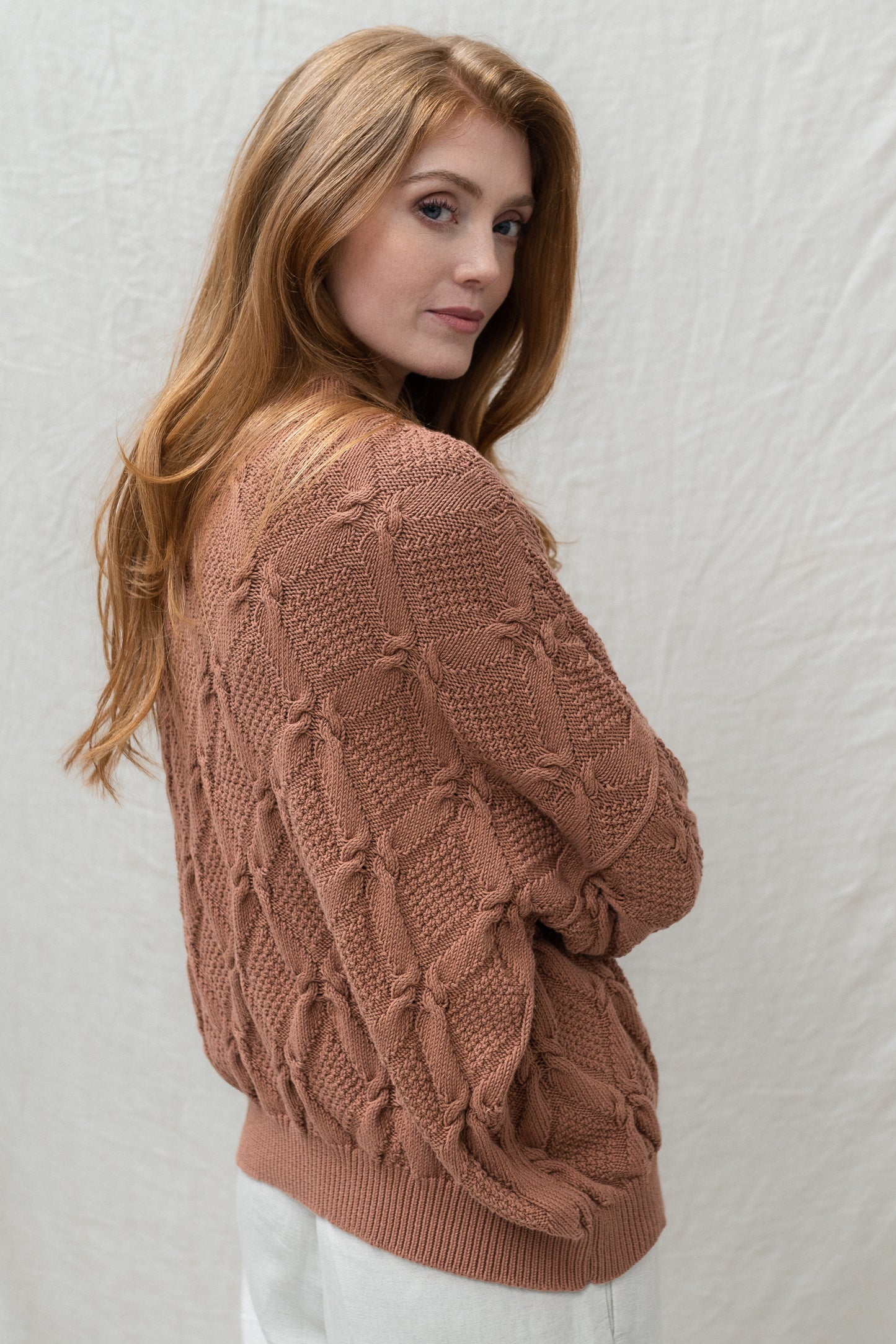 Organic Cotton Cable Sweater in Rosewood Apricot