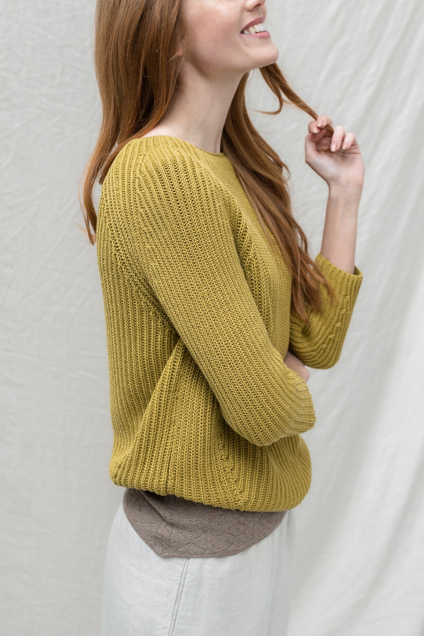 The Claife Organic Cotton Fisherman Rib Sweater in Old Gold Size - Small - Slight Second
