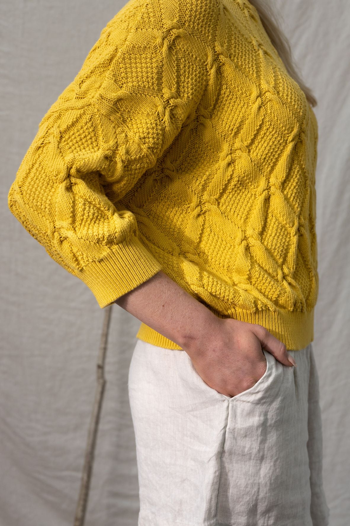 Organic Cotton Cable Sweater in Lemon - Size Medium